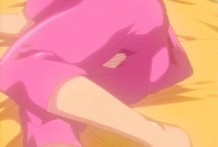Auburn haired anime babe erotic dance pinkish pajama and playing with her round bra-stuffers