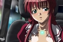Crimson haired anime vixen getting pounded on the backseat