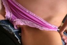Bombshell dark brown exgirlfriend Melinda taunting us with her pinkish underware and pierced stomach