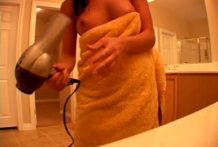 Wild ex-girlfriend whore Kate displaying her large round bra-stuffers after the shower